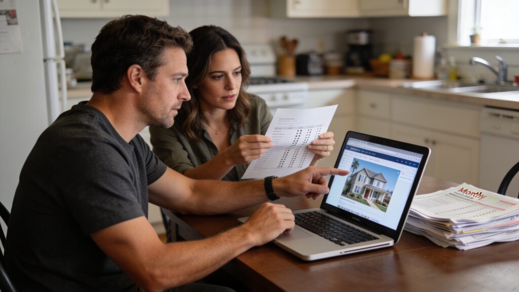 Couple in their 30s reviewing real estate search results on a laptop at a kitchen table with monthly bills nearby, discussing a financial decision
