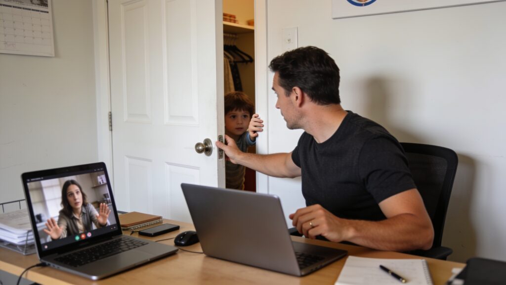 Parent at home office desk on video call glancing toward door as child's hand pushes it open from the hallway