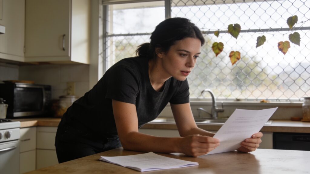Woman at a kitchen table reviewing a real estate offer document, expression focused and thoughtful in natural window light.