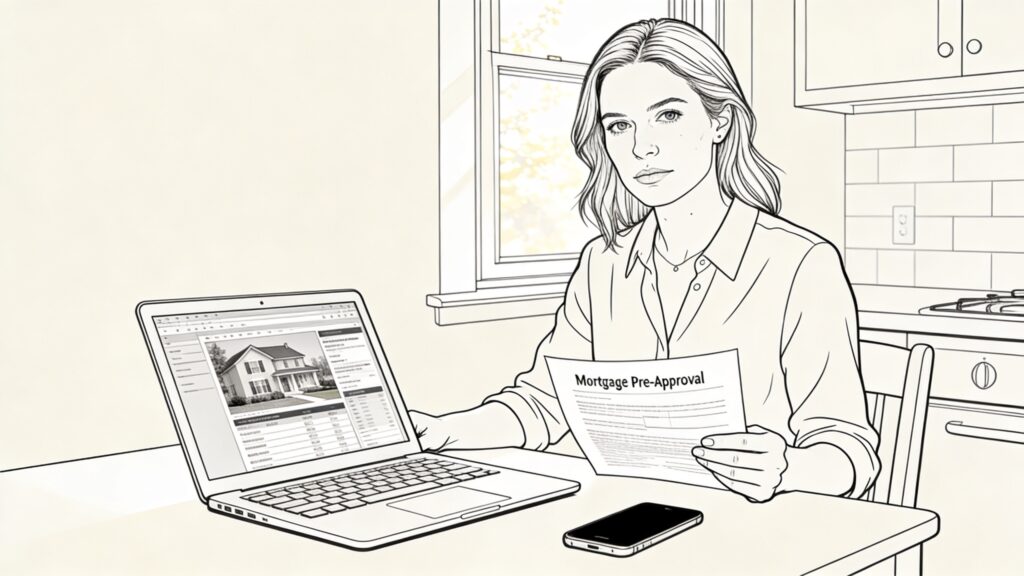 Woman in her thirties sits at a kitchen table reviewing a mortgage pre-approval letter beside an open laptop showing a real estate listing, looking calm and decided.