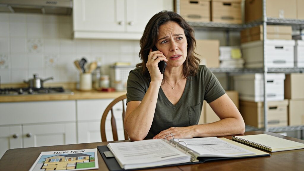Woman at kitchen table on phone with home documents and floor plan, expression shifting to cautious relief during a difficult home sale call.