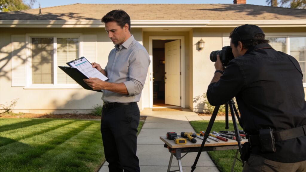 Real estate agent reviewing an inspection report at a home's front door while a photographer sets up equipment on the walkway in morning light.