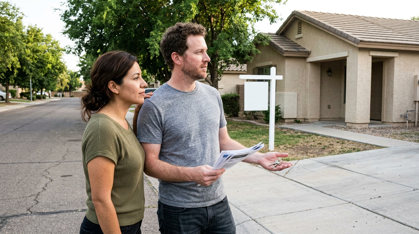 Couple reviewing comparable home sales data on a printed sheet while evaluating a for-sale house on a quiet Hollister residential street.