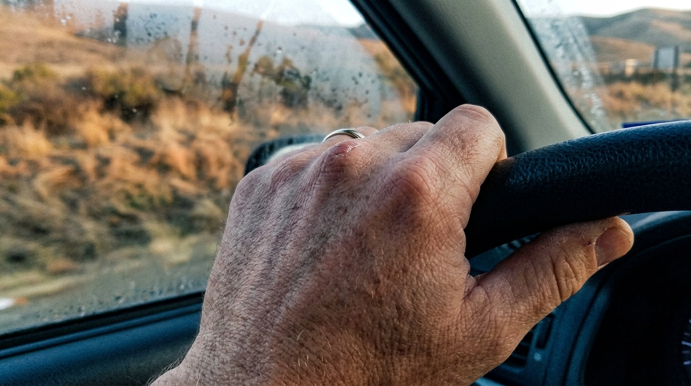 Driver's view from inside a car on Highway 25 north of Hollister at early morning, golden hills stretching ahead in low light.