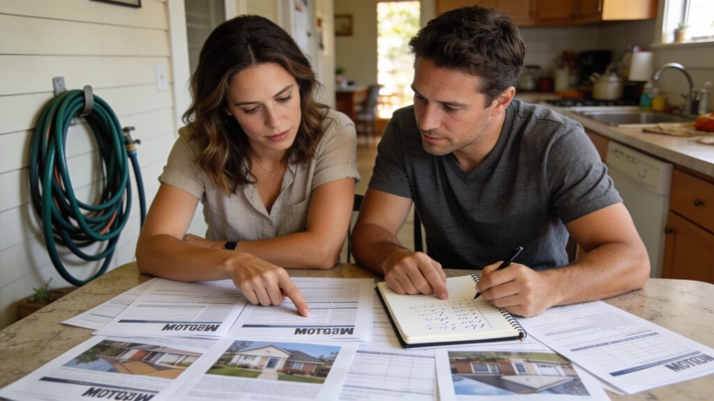 Couple in their 30s evaluating a Hollister backyard with rolling hills in the background, reviewing a home listing together.