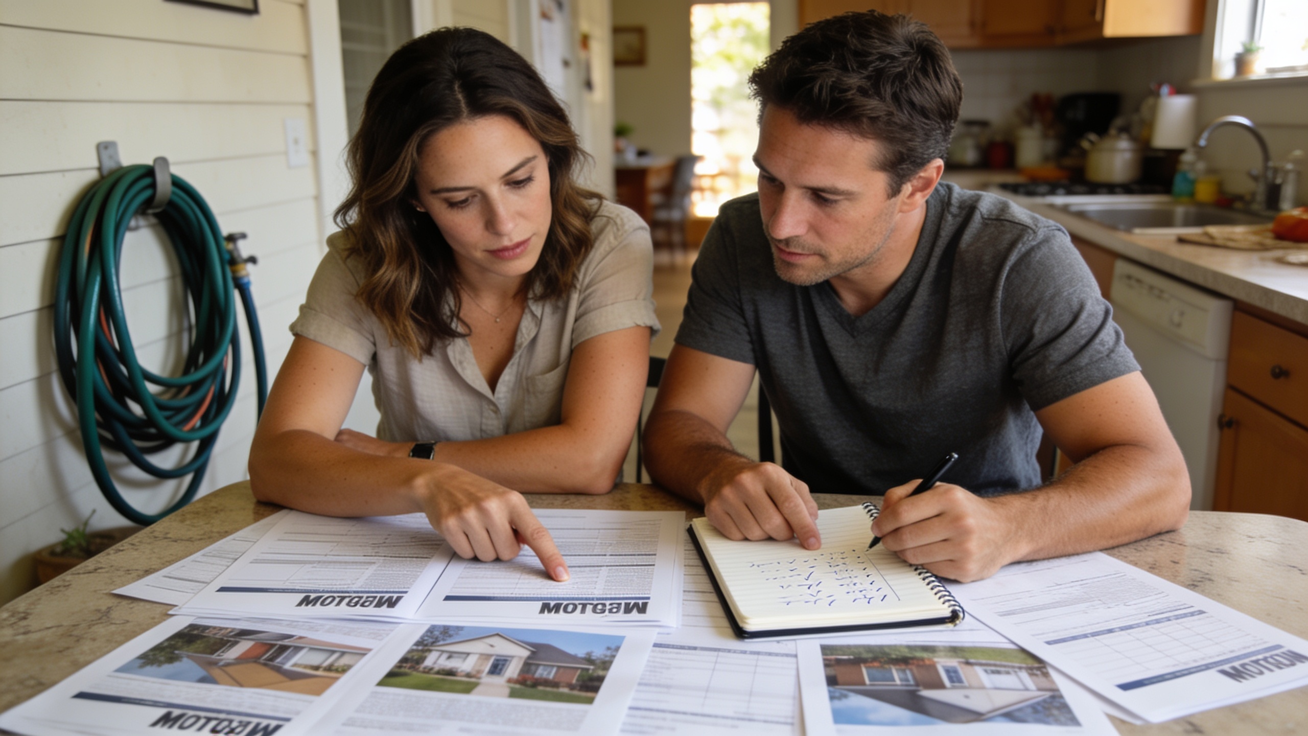 Couple in their 30s evaluating a Hollister backyard with rolling hills in the background, reviewing a home listing together.