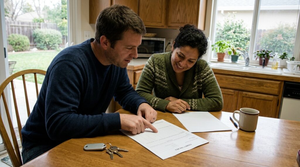 Husband and wife reviewing a San Benito County property tax bill at a kitchen table in their Hollister home with a yard visible outside.