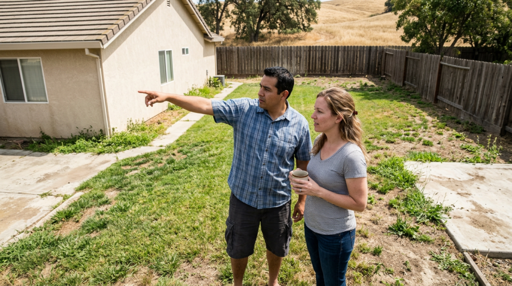 Couple in their 30s standing in a spacious backyard of a Hollister home, evaluating the property with golden hills in the background.