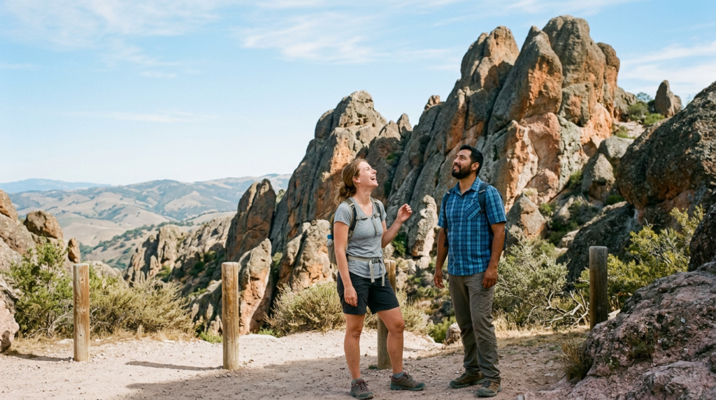 Couple with hiking gear standing at the base of Pinnacles National Park rock formations with open San Benito County landscape behind them.