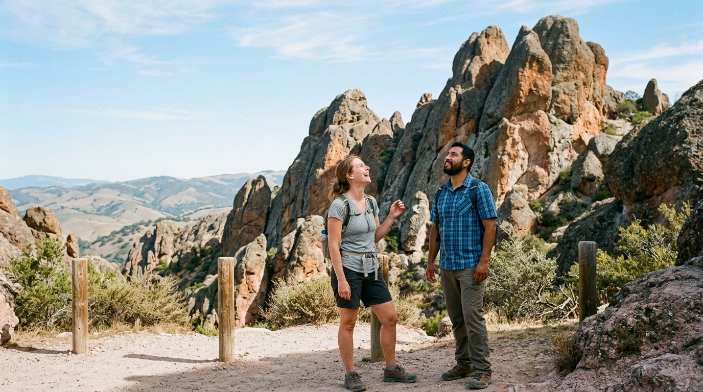 Couple with hiking gear standing at the base of Pinnacles National Park rock formations with open San Benito County landscape behind them.