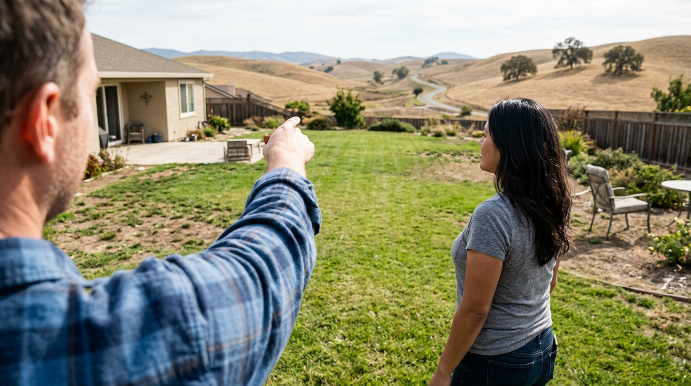 Couple standing in a spacious backyard of a Hollister home looking out at rolling hills on a sunny afternoon
