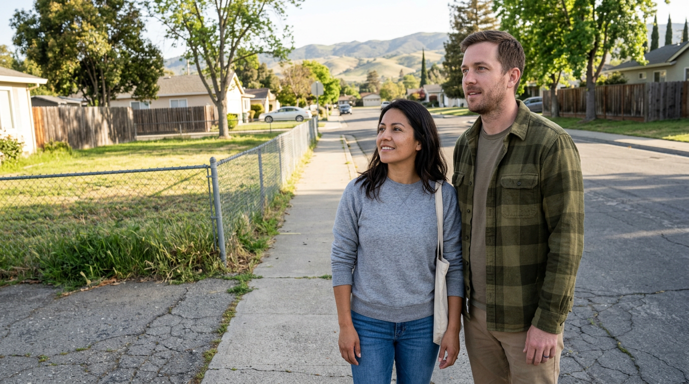 Couple standing at a Hollister CA neighborhood street corner looking at spacious homes with large yards and San Benito County hills behind them