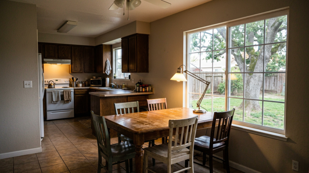 Couple in a Hollister home looking toward a backyard through the window while reviewing their post-closing budget at a kitchen table.