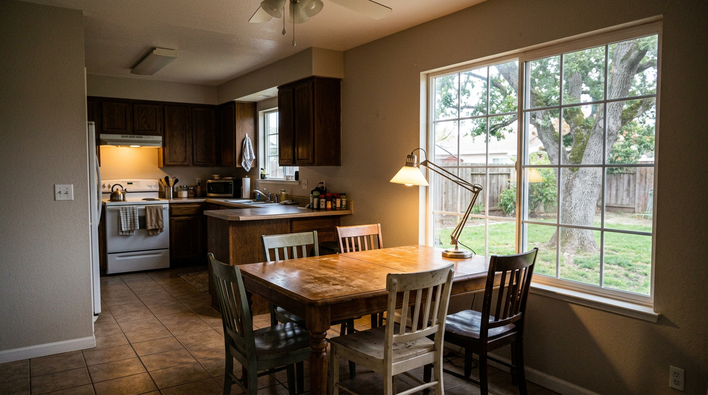 Couple in a Hollister home looking toward a backyard through the window while reviewing their post-closing budget at a kitchen table.
