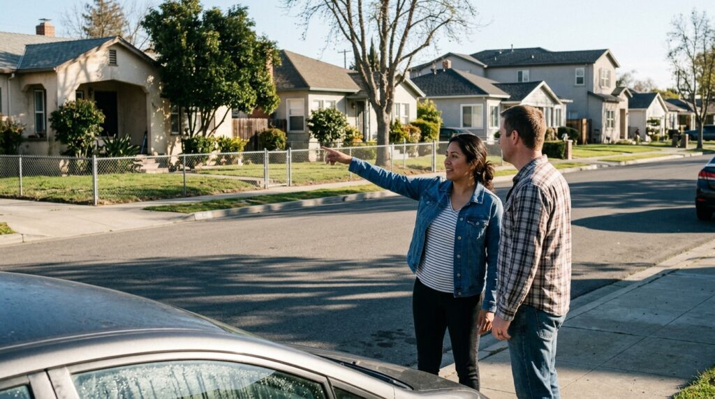 Husband and wife standing on a Hollister residential street looking at single-family homes with yards on a sunny afternoon