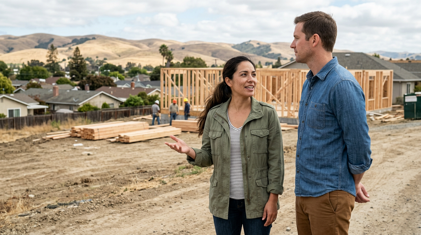 Couple standing near new home framing in a Hollister subdivision with established neighborhood and golden hills visible behind them