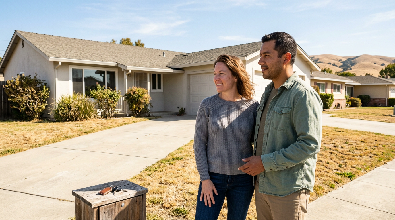 Couple standing in front yard of a Hollister home evaluating the property with San Benito County hills in the background.