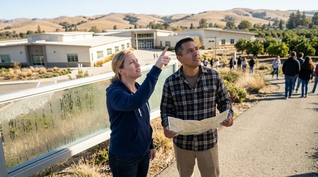 Bay Area couple in their 30s evaluating a large California high school campus with rolling hills in the background on a sunny day
