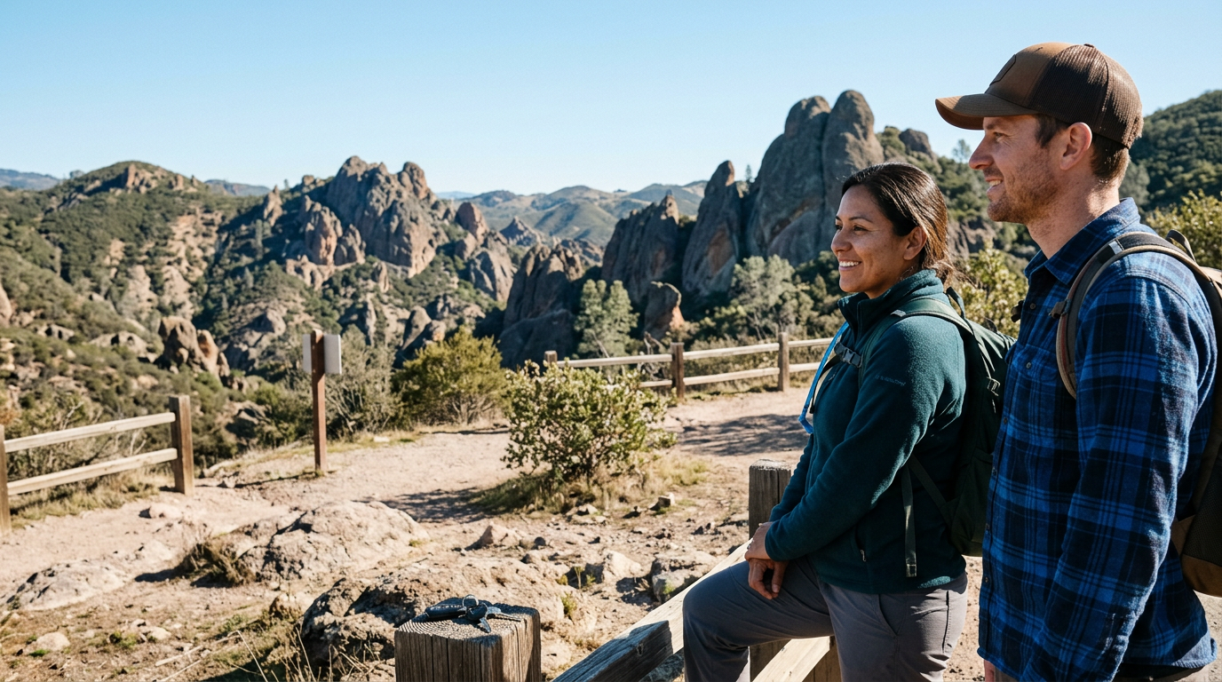 Couple at a Pinnacles National Park trailhead looking toward dramatic rocky formations on a clear California morning