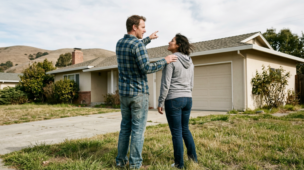Couple evaluating a ranch-style home in Hollister CA with San Benito County hills visible in the background on a clear afternoon.