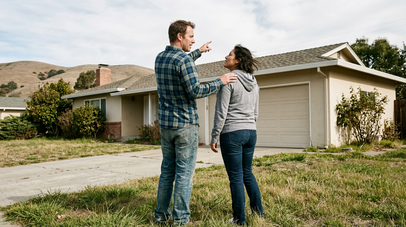 Couple evaluating a ranch-style home in Hollister CA with San Benito County hills visible in the background on a clear afternoon.