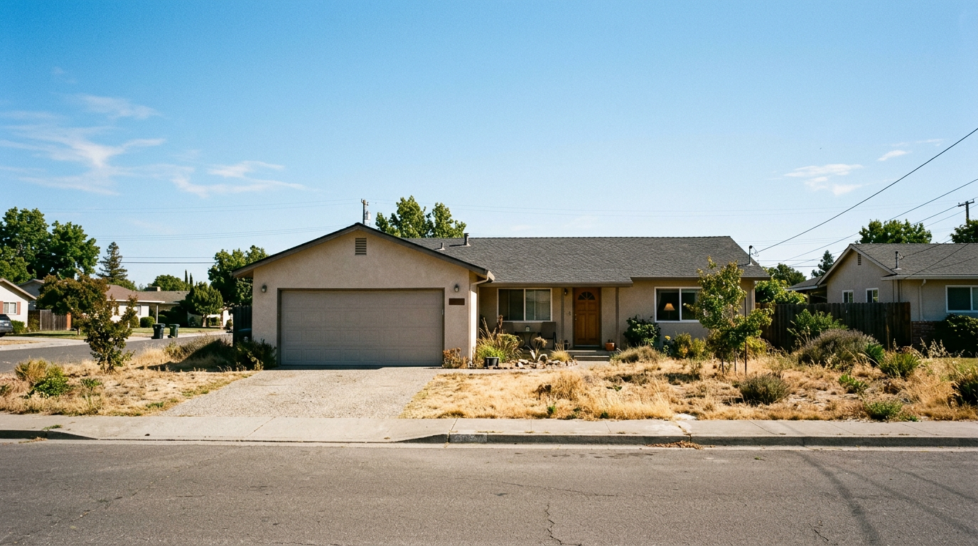 Couple standing in the front yard of a single-story Hollister home with a two-car garage under a clear California sky.