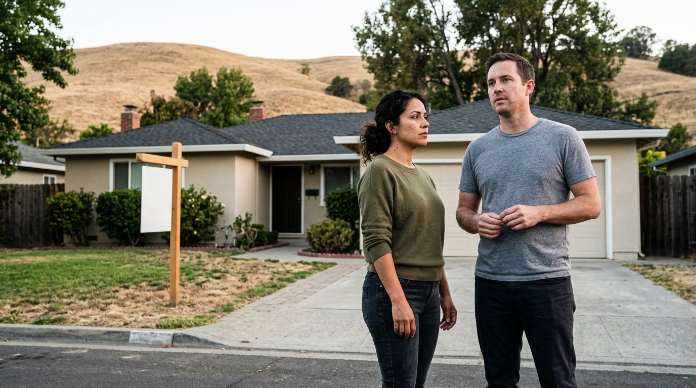 Couple standing in the driveway of a Hollister home with a for-sale sign, evaluating the property against dry California hills.