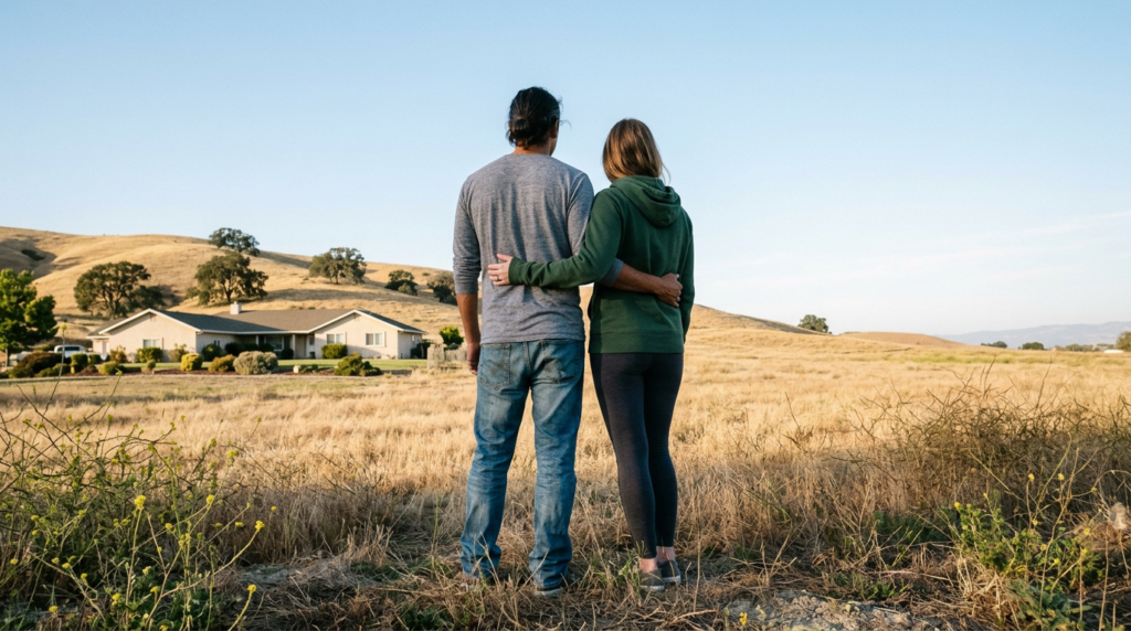 Couple standing at edge of open field near Hollister California looking toward rolling hills and a home with a large yard in afternoon light