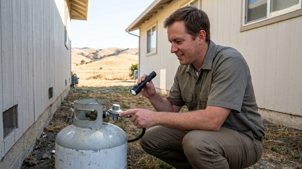 Home inspector examining a propane tank at a ranch-style house in Hollister CA with dry hills in the background