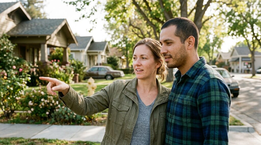 Couple standing on a tree-lined street in historic Hollister CA looking at a craftsman home on a quiet weekday morning.