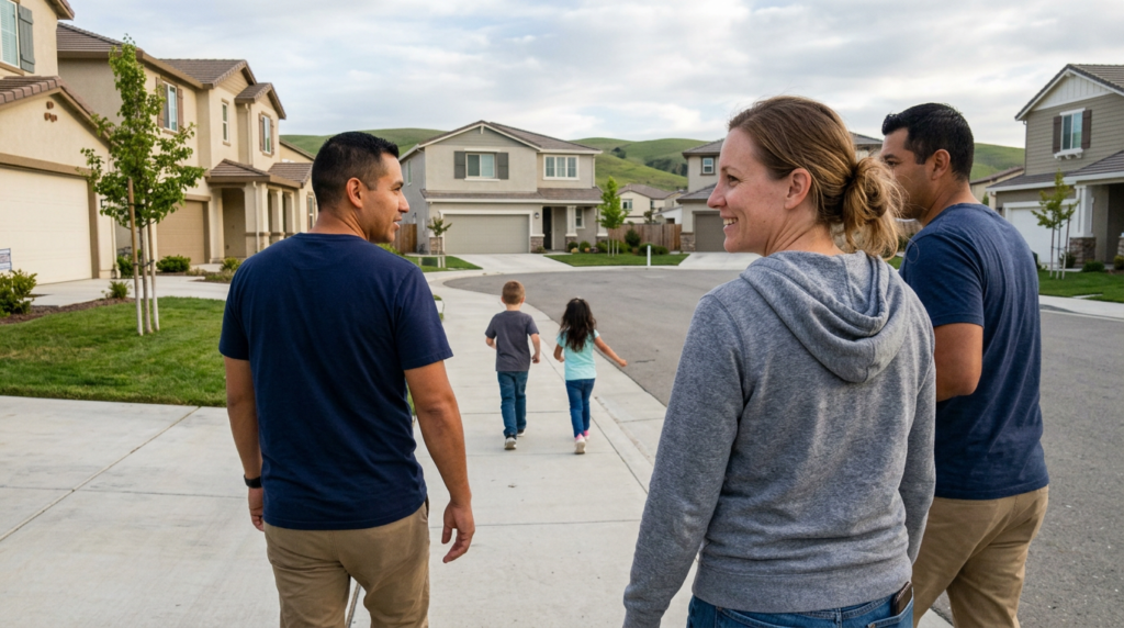 Family with two young children walking along a quiet Santana Ranch street in Hollister with newer homes and open hills in the background.