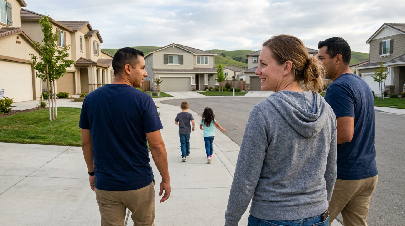 Family with two young children walking along a quiet Santana Ranch street in Hollister with newer homes and open hills in the background.