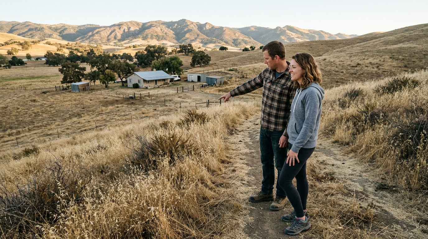 Couple standing on a rural hillside parcel in Hollister CA looking toward a farmhouse with Diablo Range foothills behind them