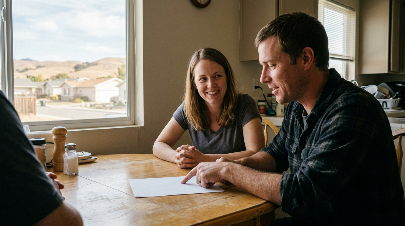 Couple reviewing a Loan Estimate document with a lender at a kitchen table in a Hollister home with California hills outside the window.
