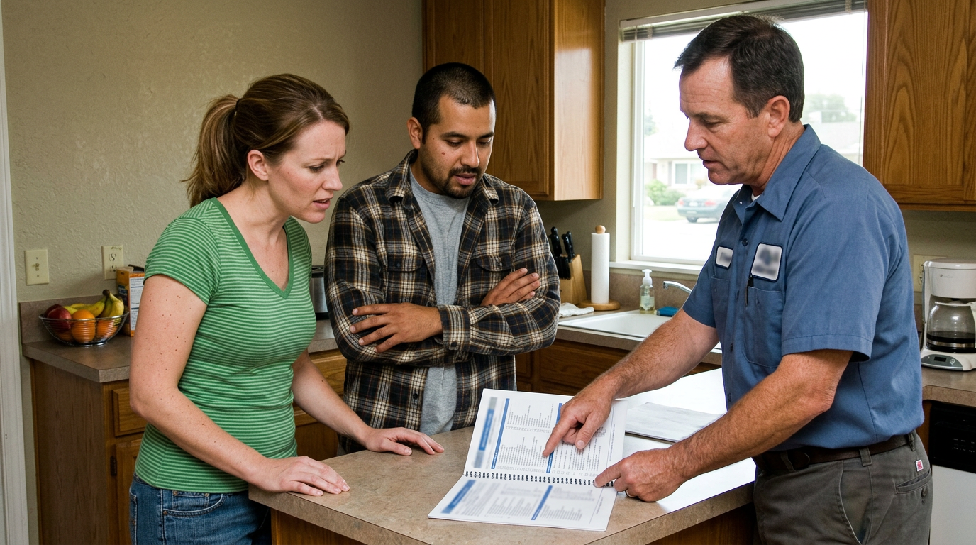 Couple reviewing a home inspection report with a local inspector inside a Hollister ranch-style home in natural daylight