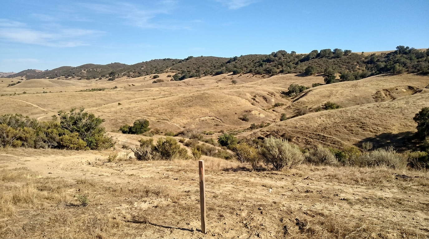Person standing at the edge of an open rural parcel in the Hollister hills looking across undeveloped land with a survey stake in the foreground