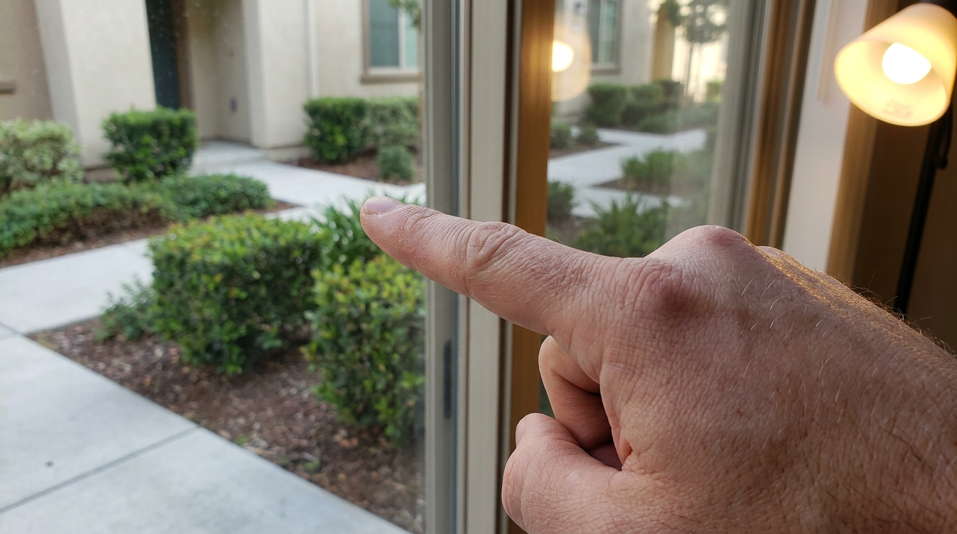 Couple evaluating a shared courtyard from inside a Hollister townhome, assessing HOA-maintained common area landscaping