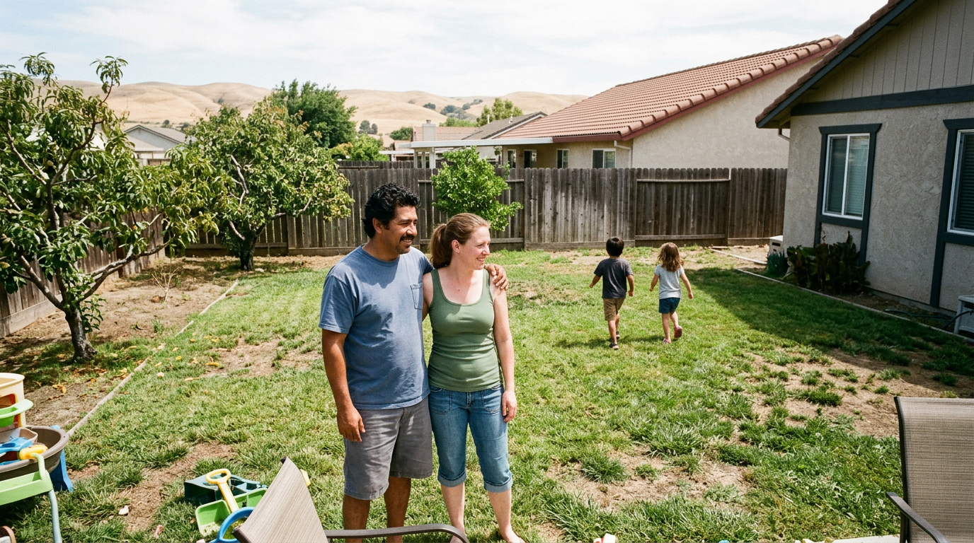 Family with two young children standing in a spacious backyard of a single-story Hollister home, surveying yard space on a clear afternoon.