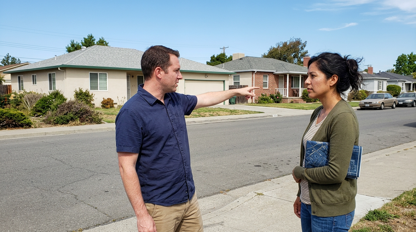 Couple standing on a Hollister residential street carefully evaluating a modest home across the road on a clear afternoon.