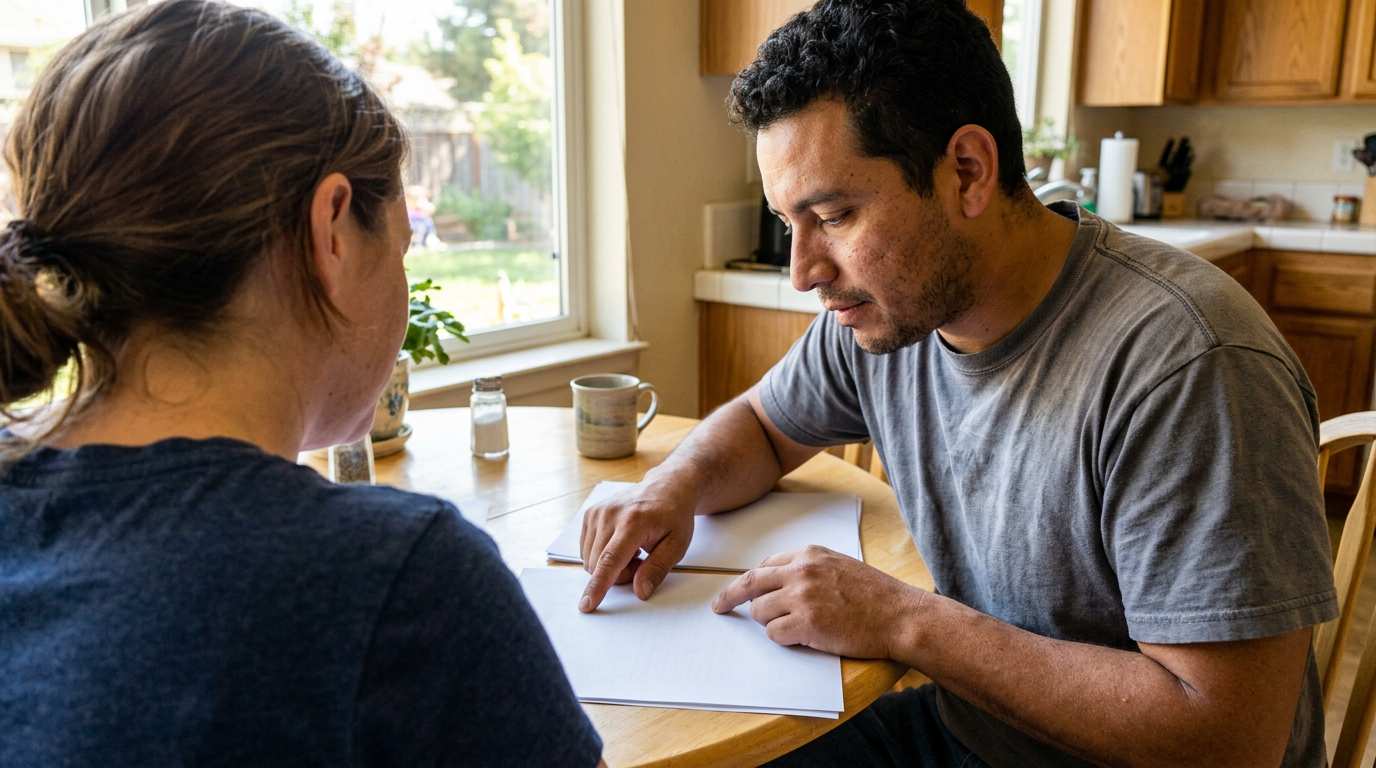 Couple reviewing a closing disclosure document at a kitchen table in a Hollister home with a yard visible through the window