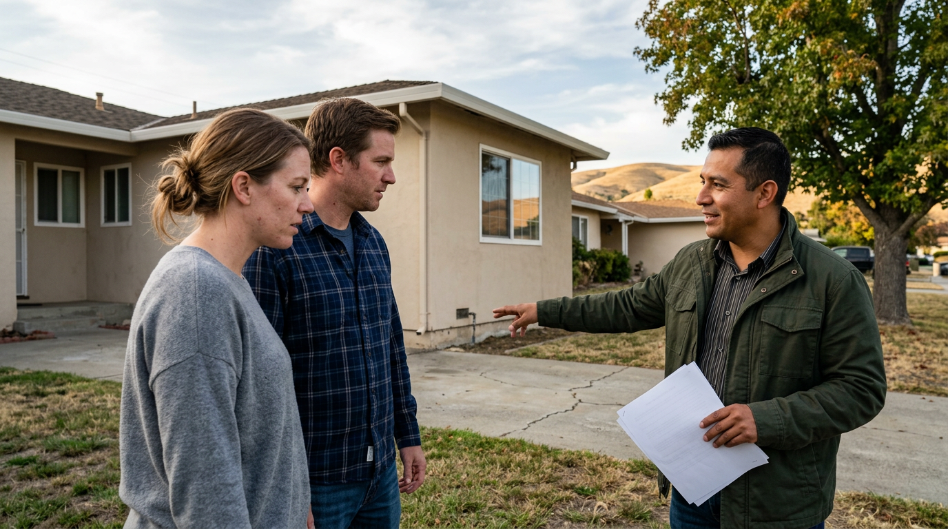 Couple reviewing home exterior with their real estate agent in a Hollister neighborhood, dry hills visible in the background