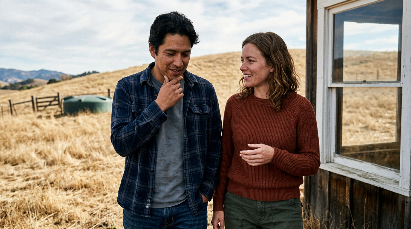 Couple examining rural acreage in San Benito County, pointing toward a water storage tank on open hillside land near Hollister CA