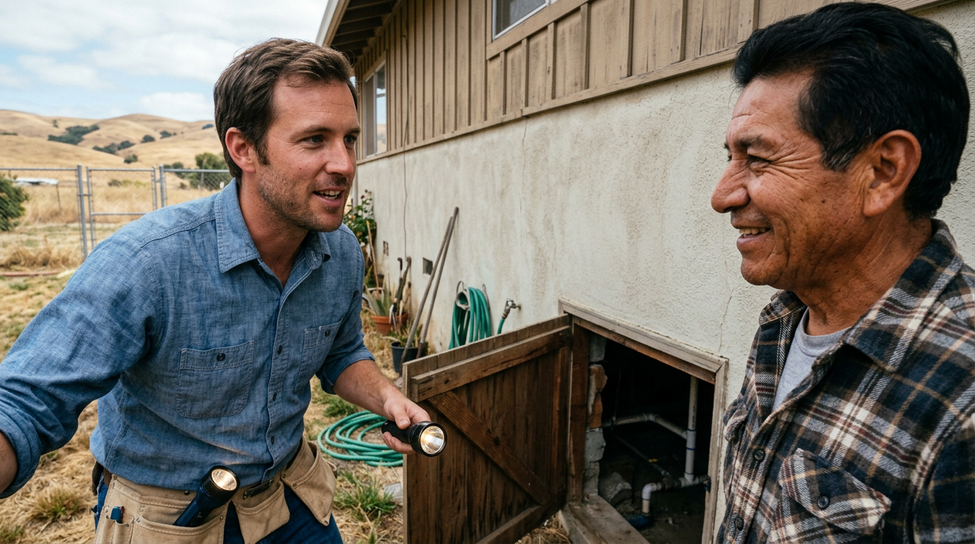 Home inspector examining crawl space under a ranch-style home in Hollister with San Benito County hills in the background