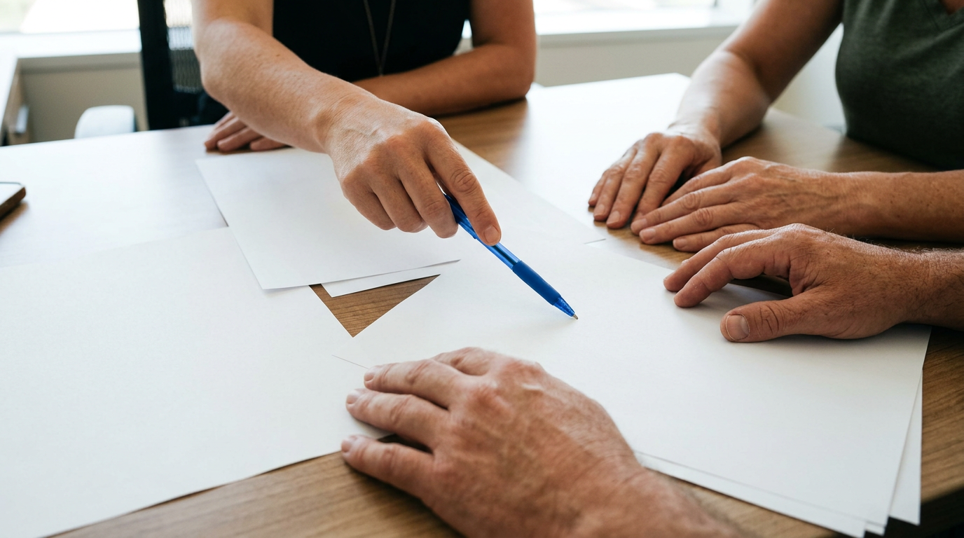 Couple reviewing closing documents with an escrow officer at a desk inside a small California escrow office in Hollister.